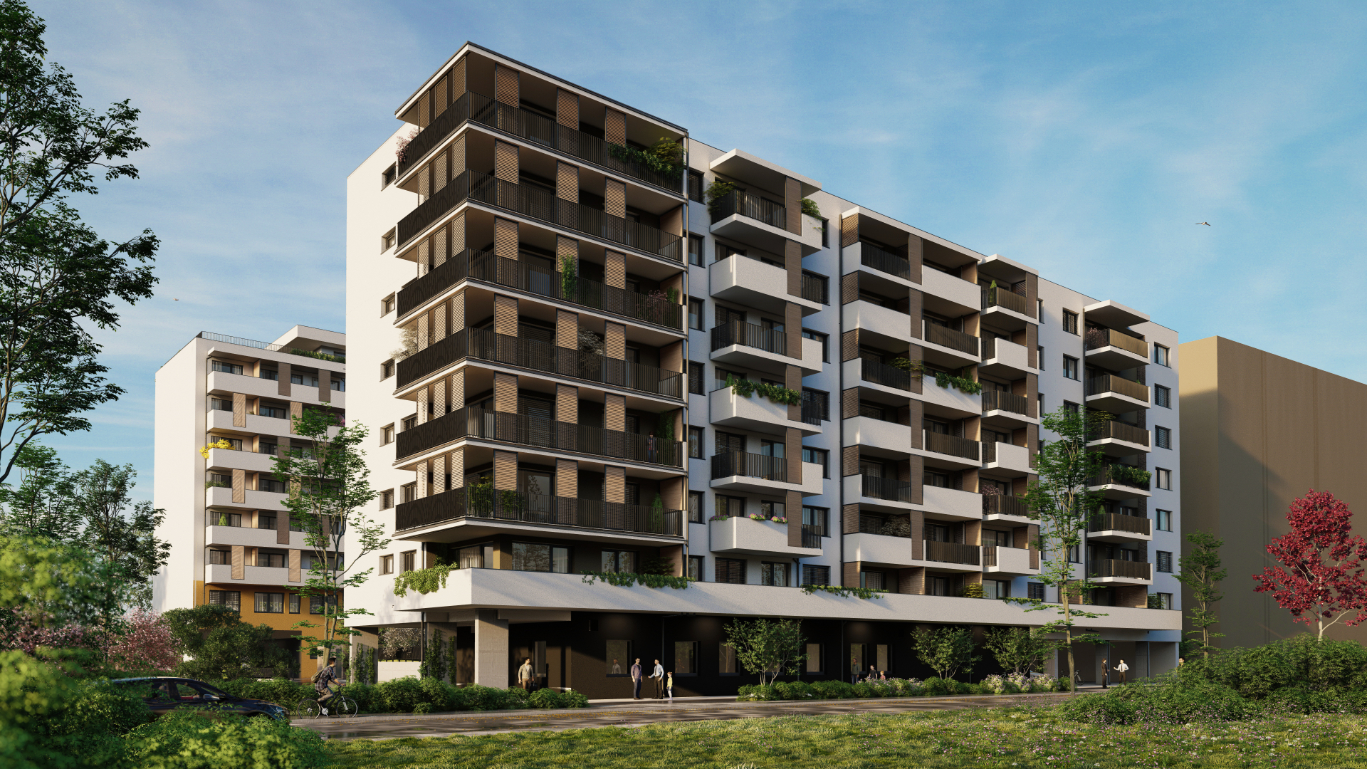 Vizualizácia projektu Green Atrium v čiernobielom prevedení